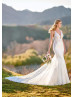 Beaded Ivory Lace Tulle Pearl Deep V Buttons Back Wedding Dress